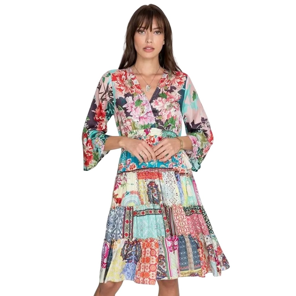 Johnny Was Gigi Dress In Stripe 100% Silk Patchwork Floral Boho Long Sleeve S
